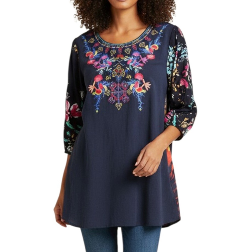 CALESSA Embroidered Top Tunic TEXTURED Cinch-Tie Sleeves BURN-OUT in Back SIZE M